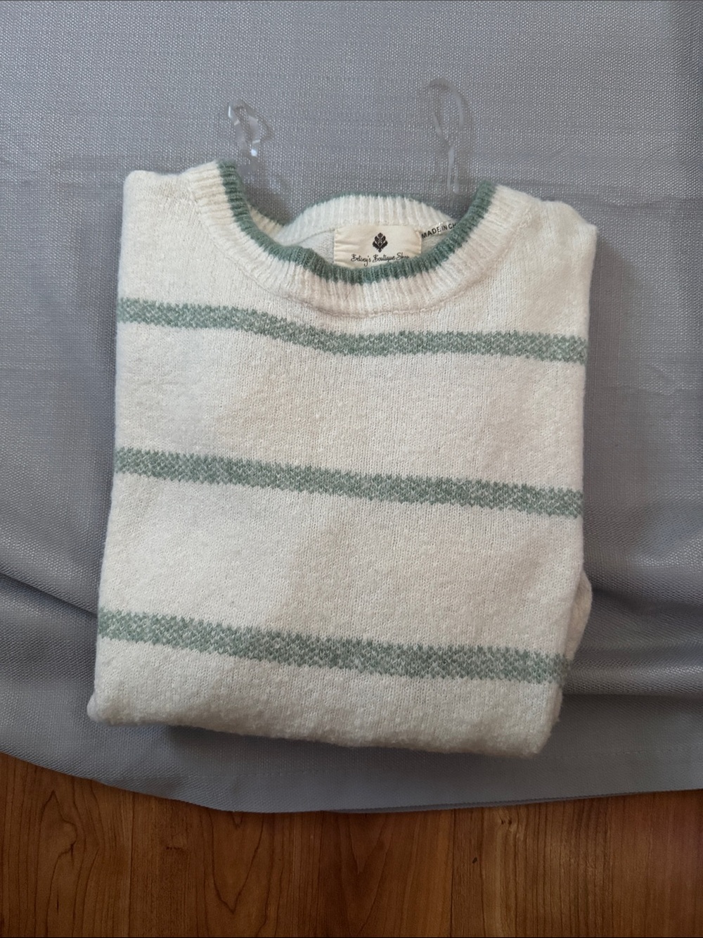 Cream Crewneck Sweater with Sage Stripes - Women's
